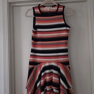 Michael Kors Striped Midi Dress - Black, White, Coral
